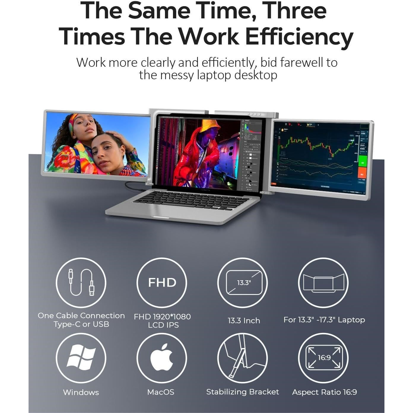 13.3 inch Trifold Portable Monitor 1080P IPS FHD Laptop Screen Extender For Laptop - Grey ( Refurbished Grade - A ) Trion