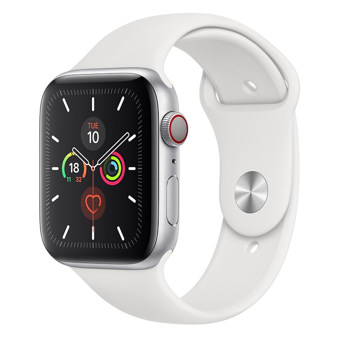Apple Watch Series 5 44mm Silver Aluminum Case (GPS + Cellular) w/ White Sport Band - Pristine - Refurbished (AU Version)