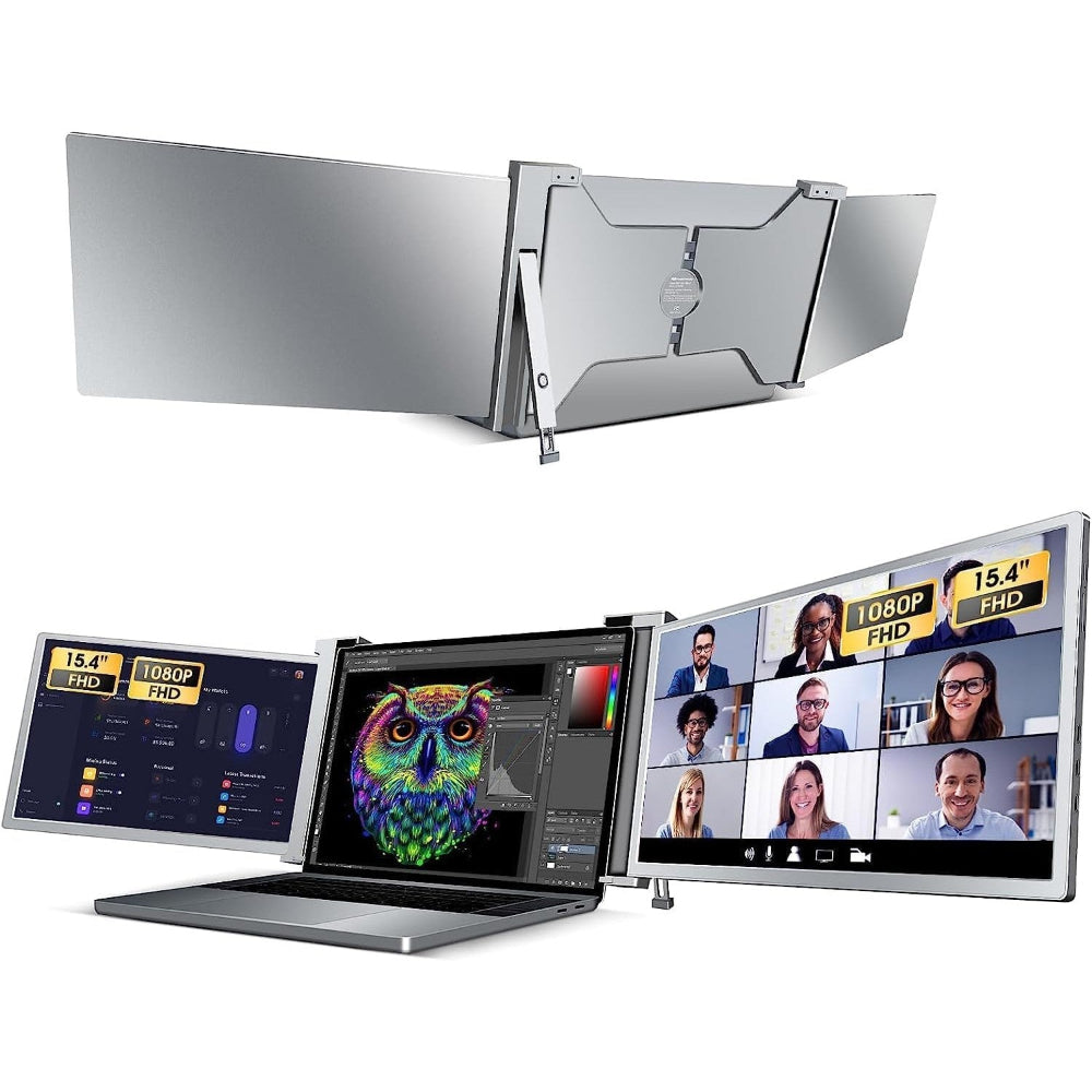 15.4 inch Trifold monitor and included accessories laid out: carry bag, USB‑C to C cable, USB‑A to C cable, OTG cable and card reader.