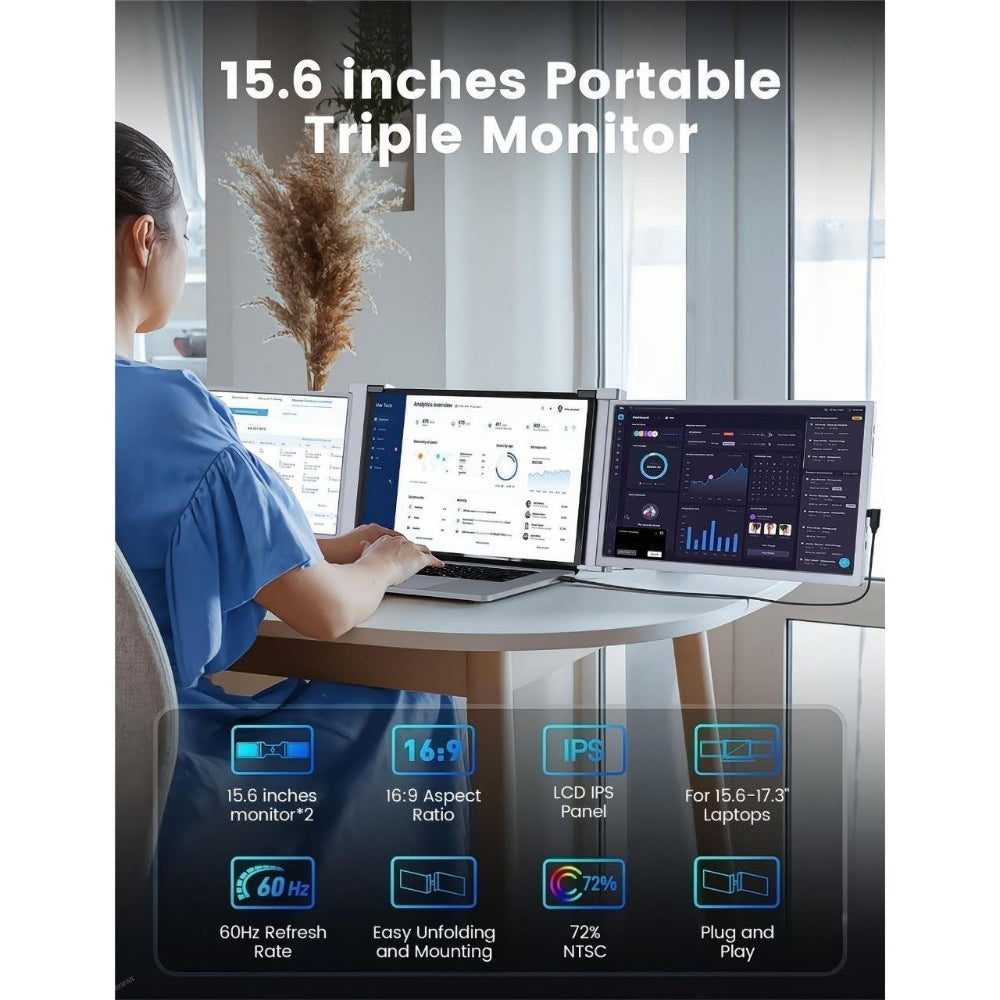 15.6 inch Dual Portable Trifold Monitor connected to a gaming laptop, game on centre screen and chat apps on sides.