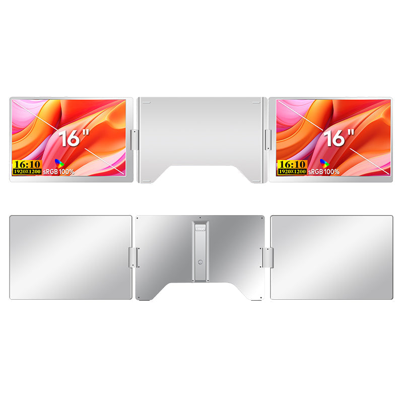 TRION TRIFOLD 16‑inch triple display in a café setting with laptop, coffee cup and notebook.