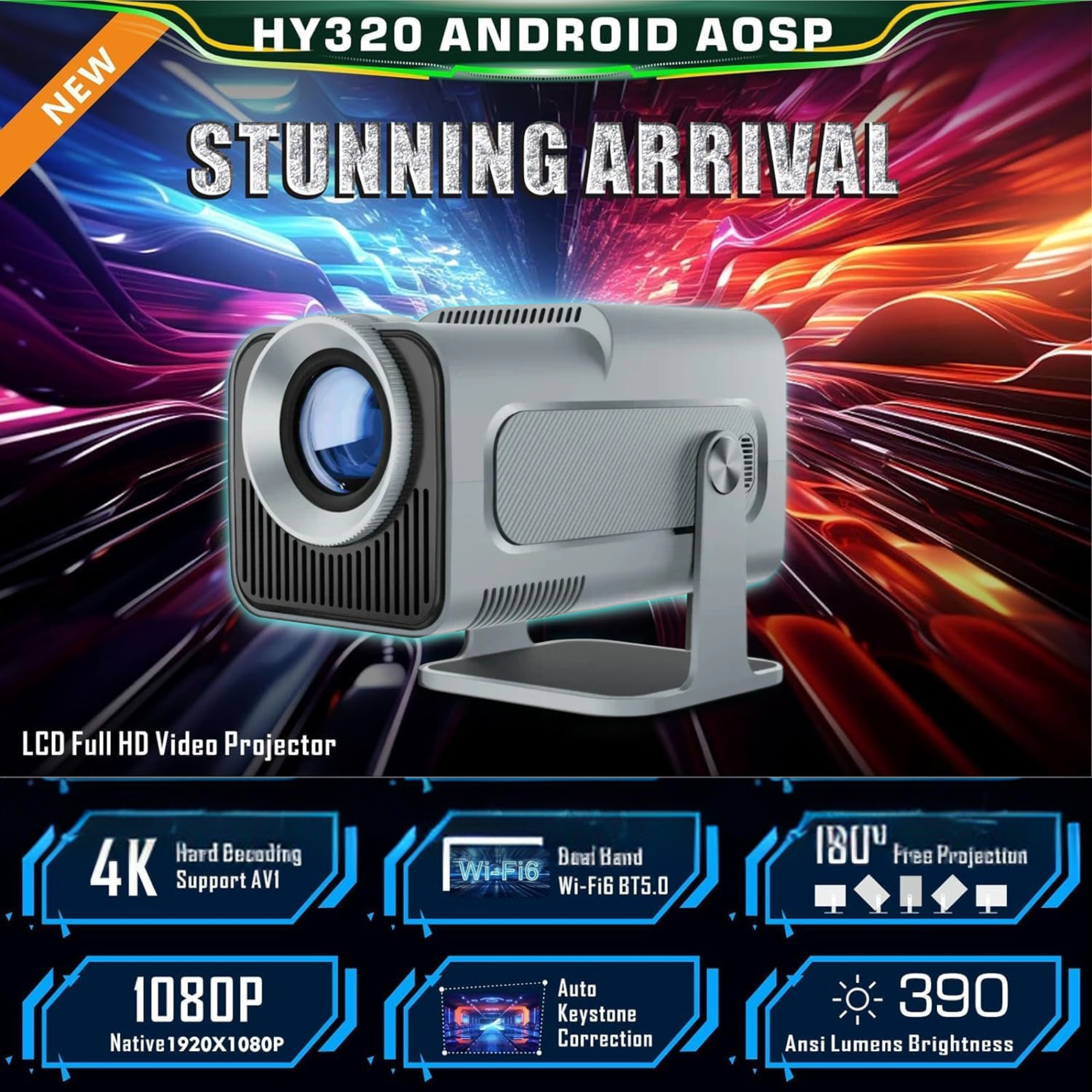 Magcubic HY320 Projector - Grey WiFi 6, BT 5.0, Android 11 - Native 1080P/4K Decoding - 180° Rotatable - Auto Keystone Correction - Hi-Fi Speaker (Copy) Magcubic