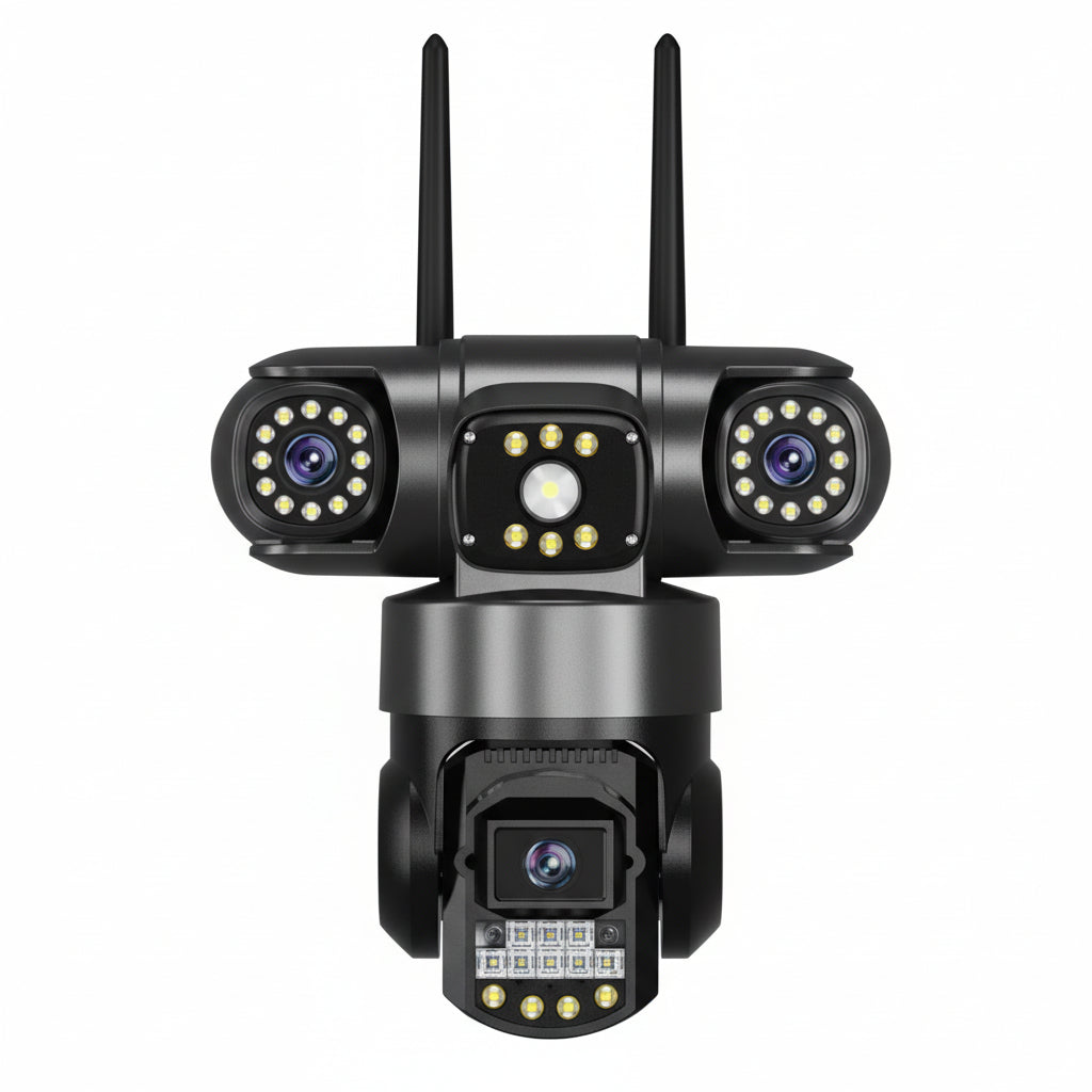 15MP WiFi PTZ Outdoor Security Camera – Triple Lens, 3-Screen View, 10X Zoom, Human Detection, IP Cam Pristine - Refurbished