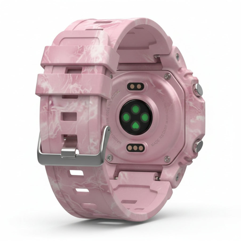 Angled full device shot of Tristar I2 pink camo smart watch