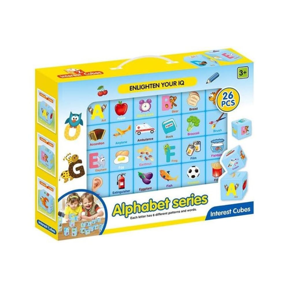 Alphabet cube blocks shown front-facing with letters clearly visible