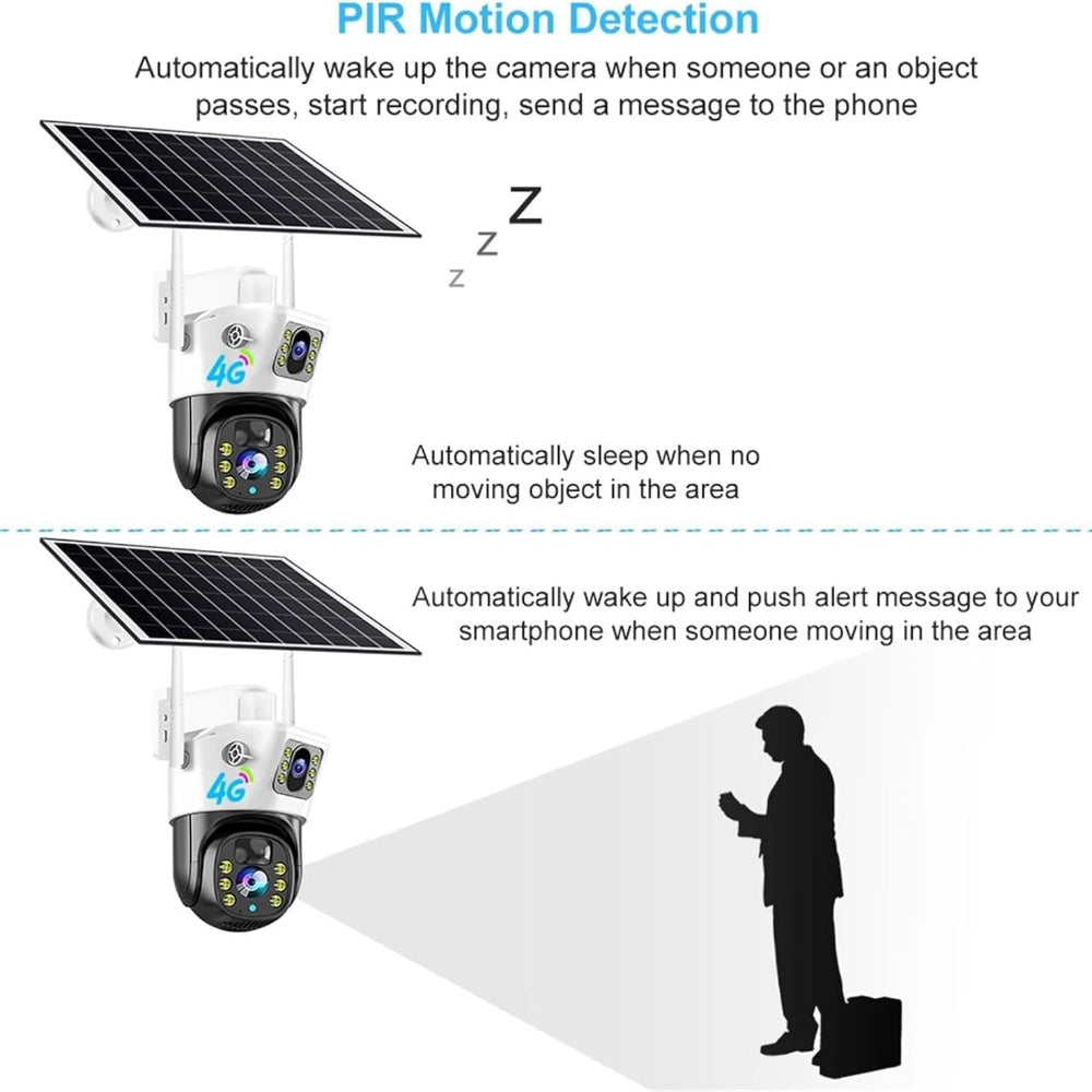 4G SIM Solar Security Camera 8MP 4K Outdoor CCTV IP Camera - Night Vision - PIR Motion Detection - Two-Way Audio - Solar Panel - Dust & Water Resistant