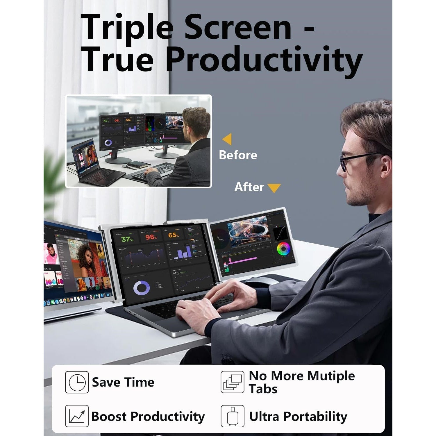 14 inch Trifold Portable Monitor 1080P IPS FHD Laptop Screen Extender For Laptop - Space Grey Trion