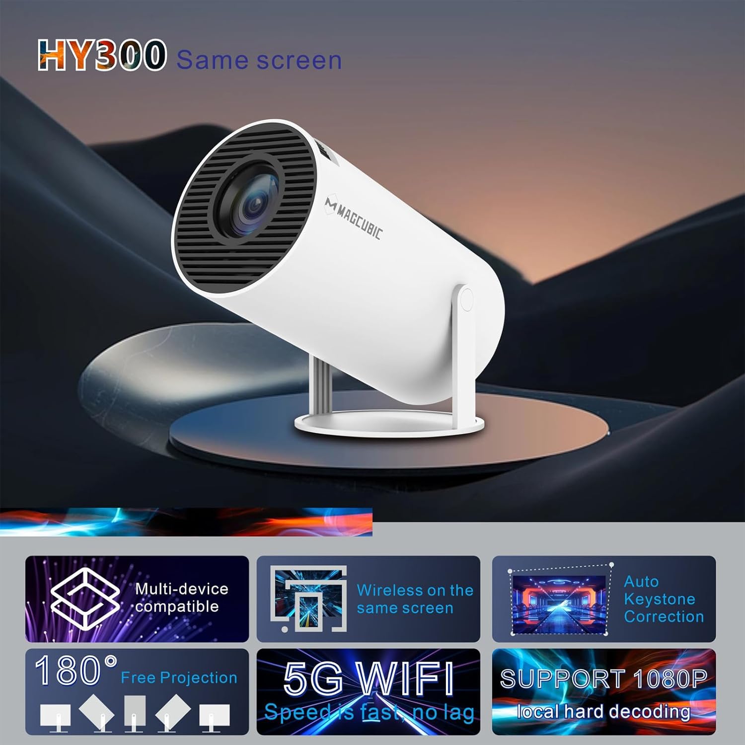 Magcubic HY300 Portable 4K Decoding Projector - WiFi6, Android 11, Bluetooth 5.0 - Ultra-Sharp Imaging, Smart Connectivity, Superior Audio ( Box Damage ) Magcubic