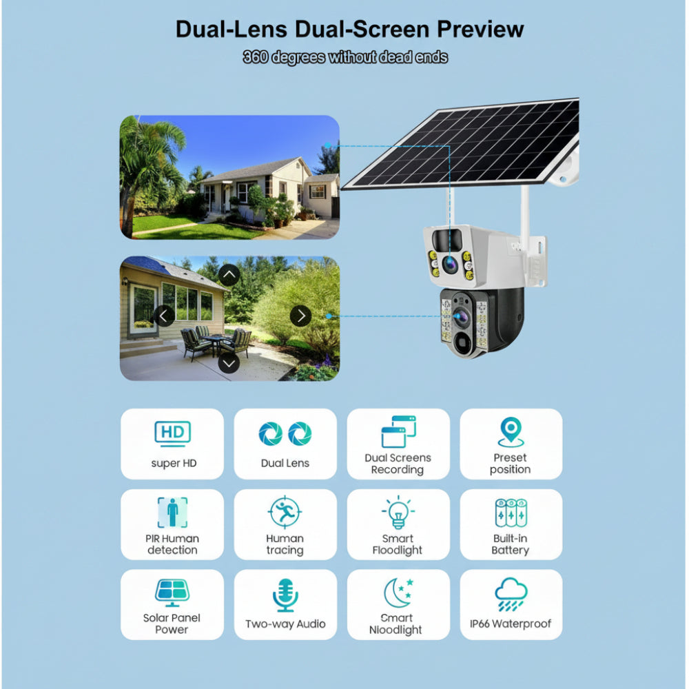 8MP 4K Wireless Solar Camera - 4G SIM & WiFi Outdoor Dual Lens IP Security Camera - PIR Motion Detection - V380 Pro