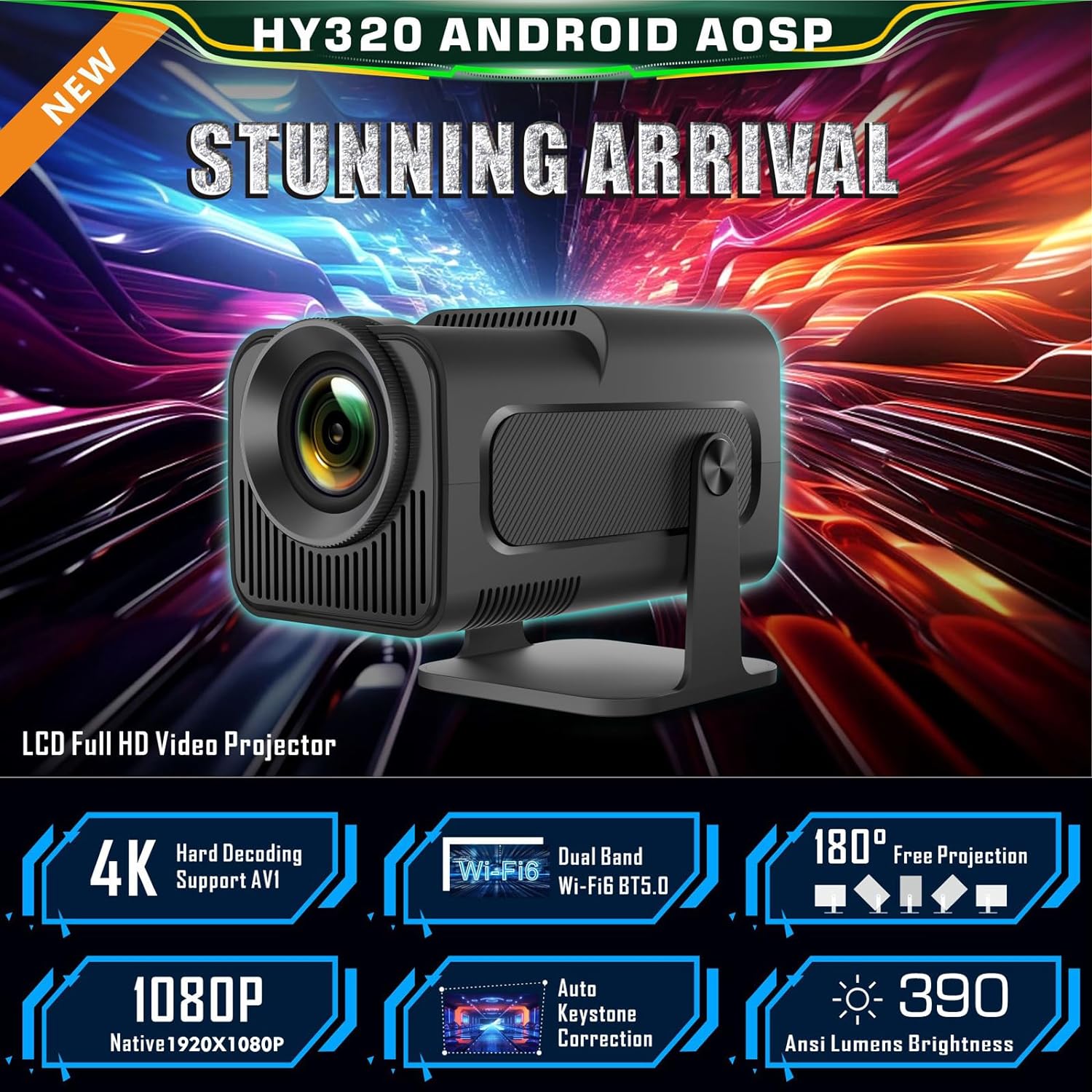 Magcubic HY320 Projector - WiFi 6, BT 5.0, Android 11 - Native 1080P/4K Decoding - 180° Rotatable - Auto Keystone Correction - Hi-Fi Speaker (Refurbished) Grade A Tristar Online