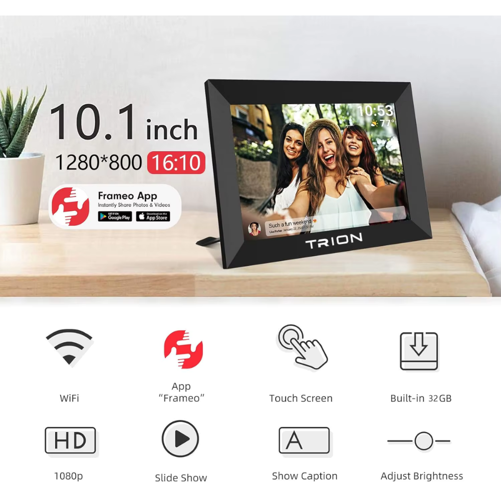 Trion Smart WiFi Digital Photo Frame 10-inch - HD IPS Touch Screen, 1280x800 Resolution, 32GB Memory, Auto Rotate, Wall Mountable, Frameo App
