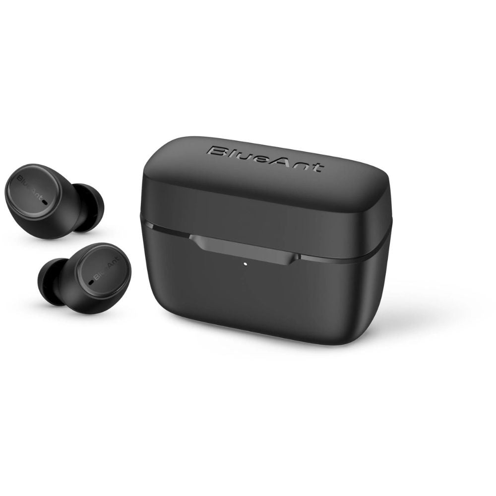 Slate black Air Lite2 earbuds with case, front view