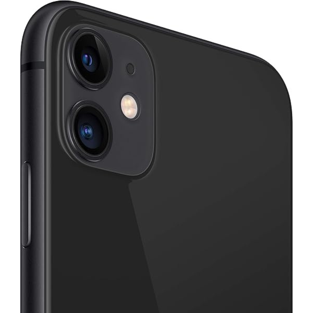 Tested refurbished Black iPhone 11 64GB – angled side view showing volume/power buttons