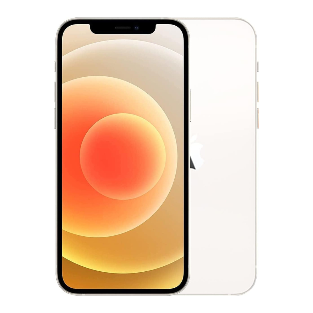 Refurbished iPhone 12 128 GB – flat-lay on white background, display off, body smooth
