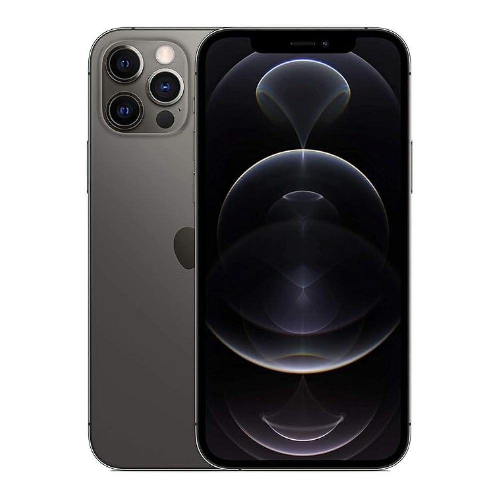 Refurbished iPhone 12 Pro Max 512 GB Graphite – front view, screen off, body clean and polished