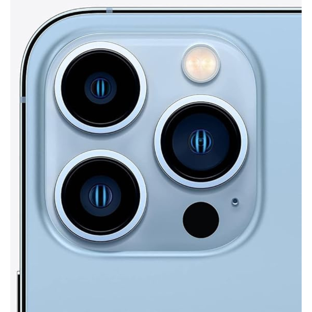 Tested refurbished Blue iPhone 13 Pro Max 128GB – angled side view showing slim profile