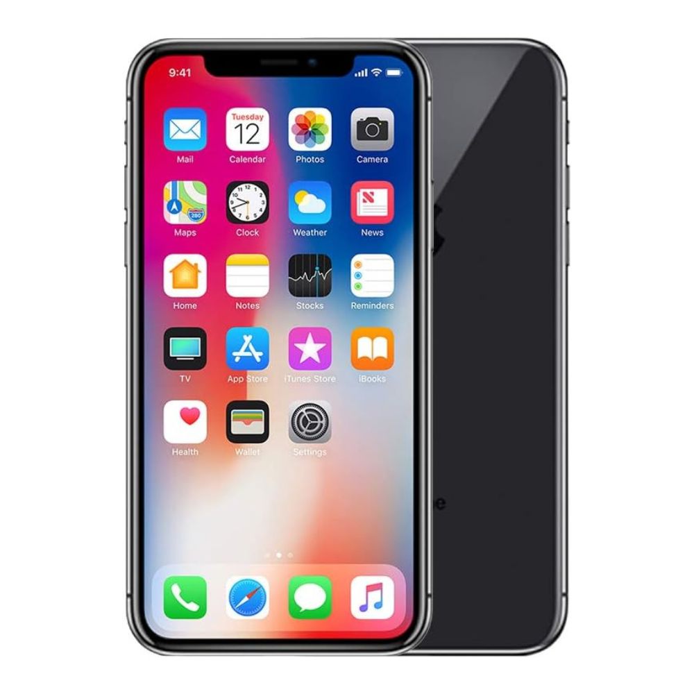 Refurbished iPhone X – front-on view, display off, metal frame visible