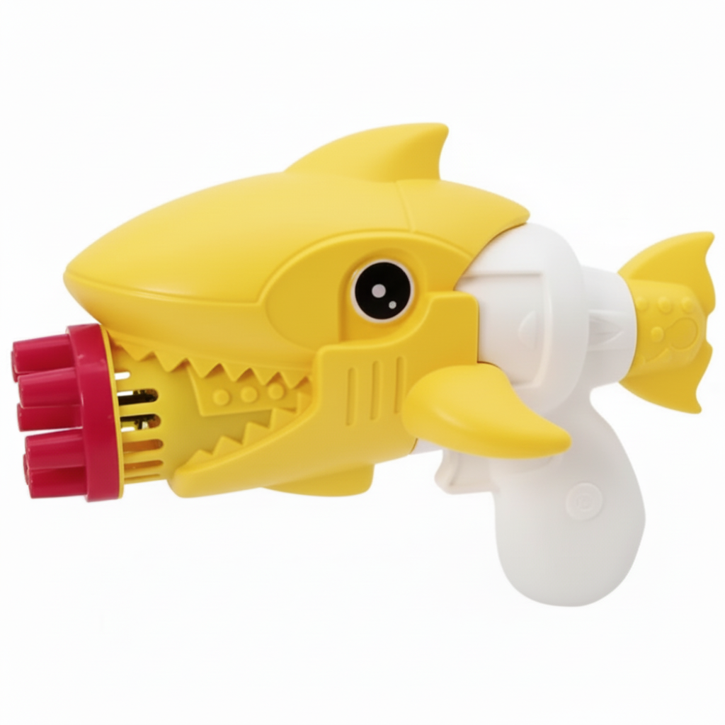 Shark bubble gun shown upright with bubbles floating around