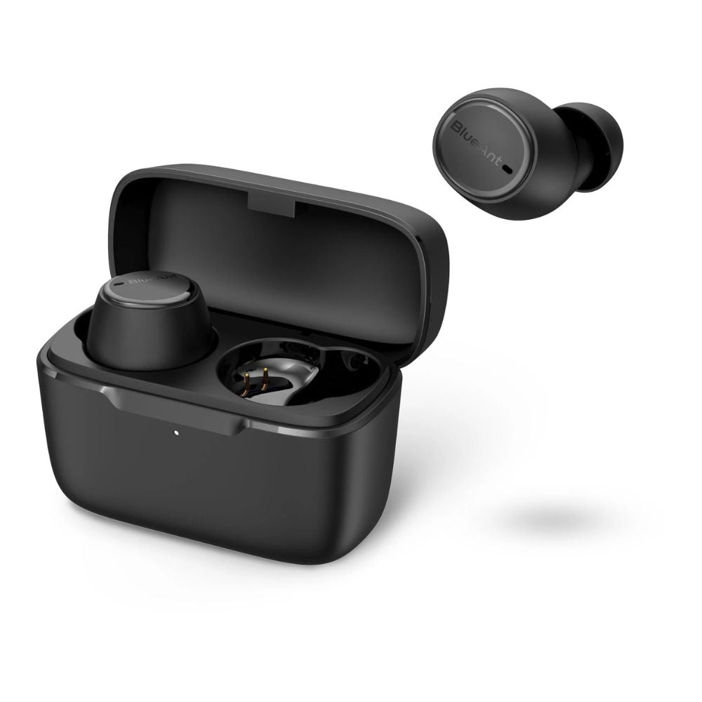 BlueAnt Pump Air Lite 2 black earbuds on white background