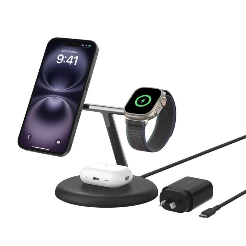 Belkin Boost Charge Pro black 3-in-1 charging stand front view