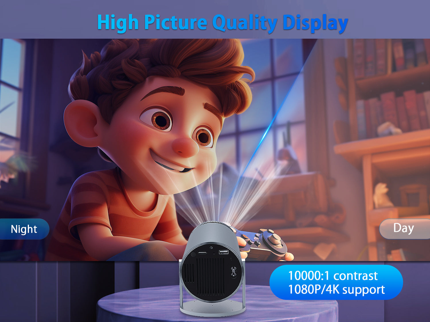 Child holding a projector with text about high picture quality display