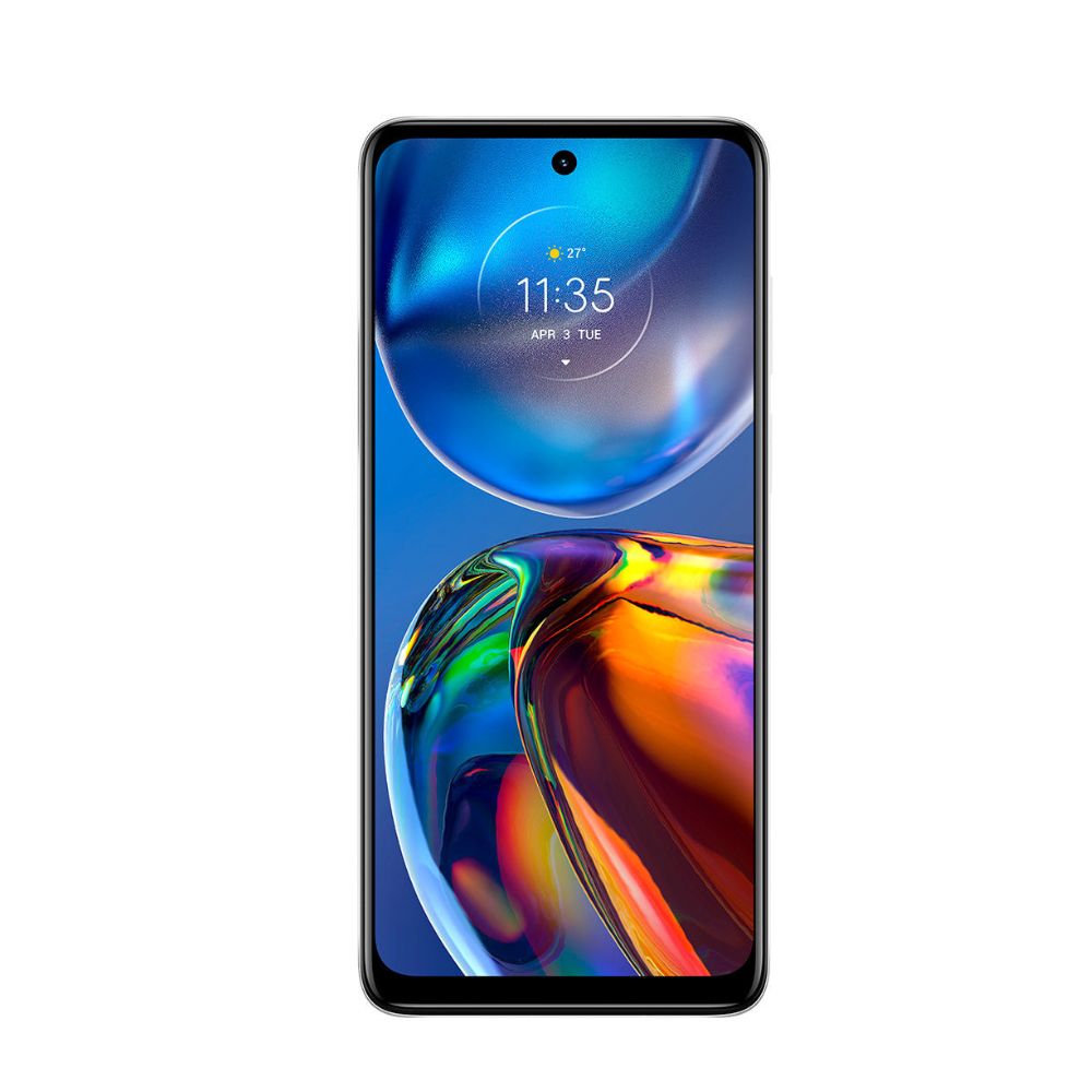 Motorola E32 misty silver phone close-up front view