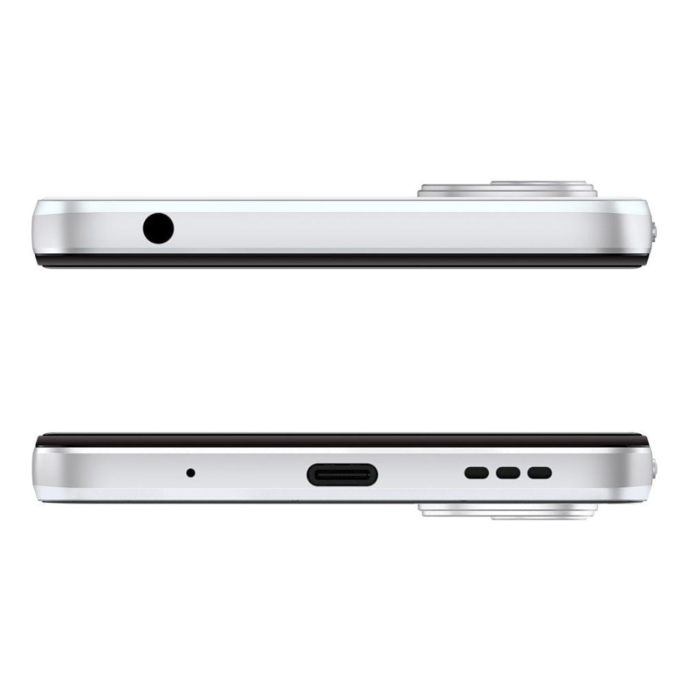 Motorola E32 misty silver shown front and side