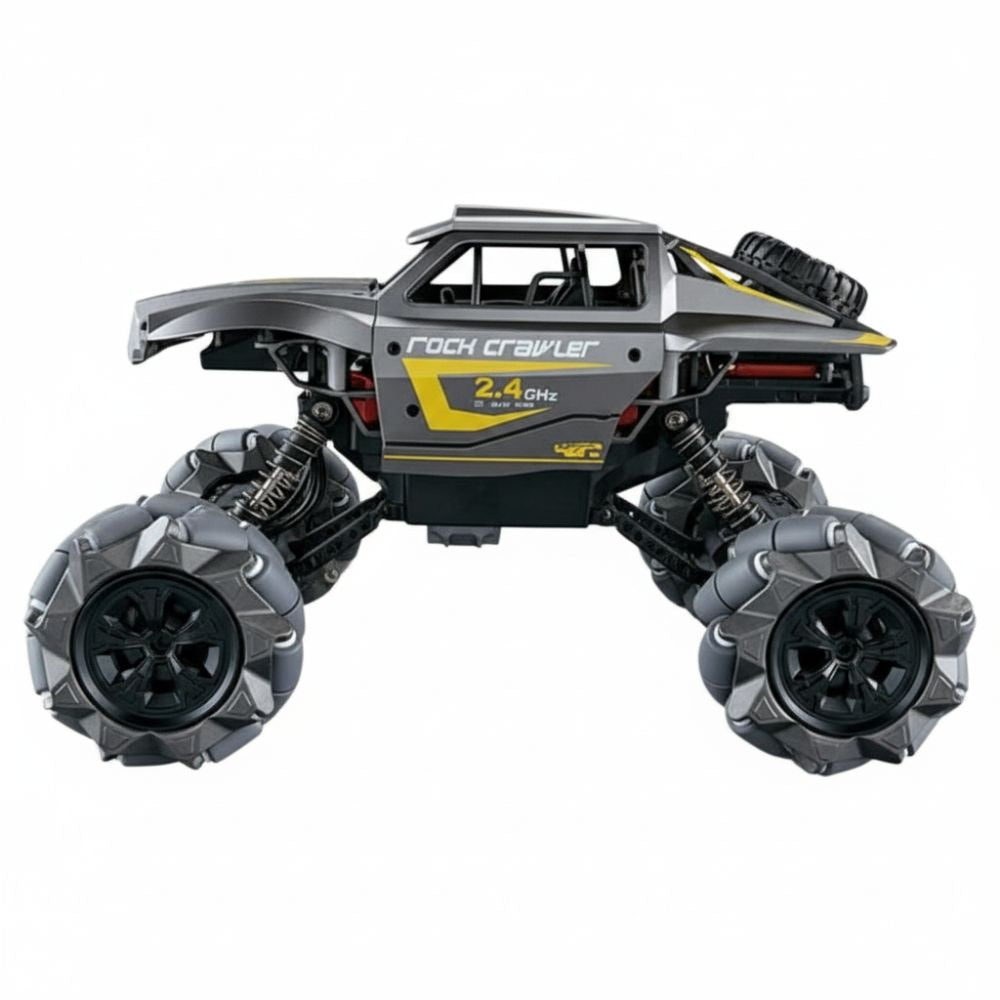 RC vehicle tilted forward showing aggressive styling and thick tyres