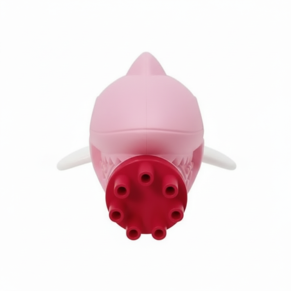 Shark bubble gun shown upright with bubbles around