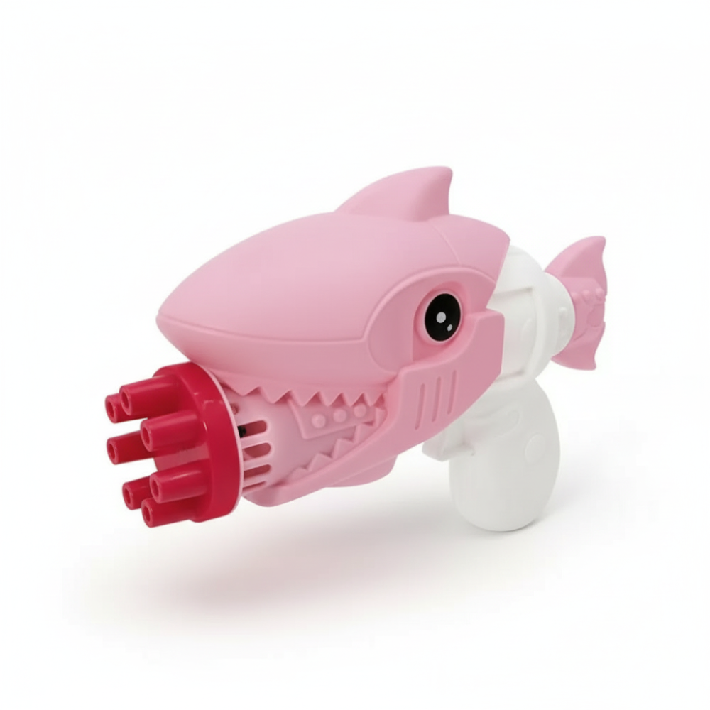 Shark bubble gun shown side-angle producing bubbles