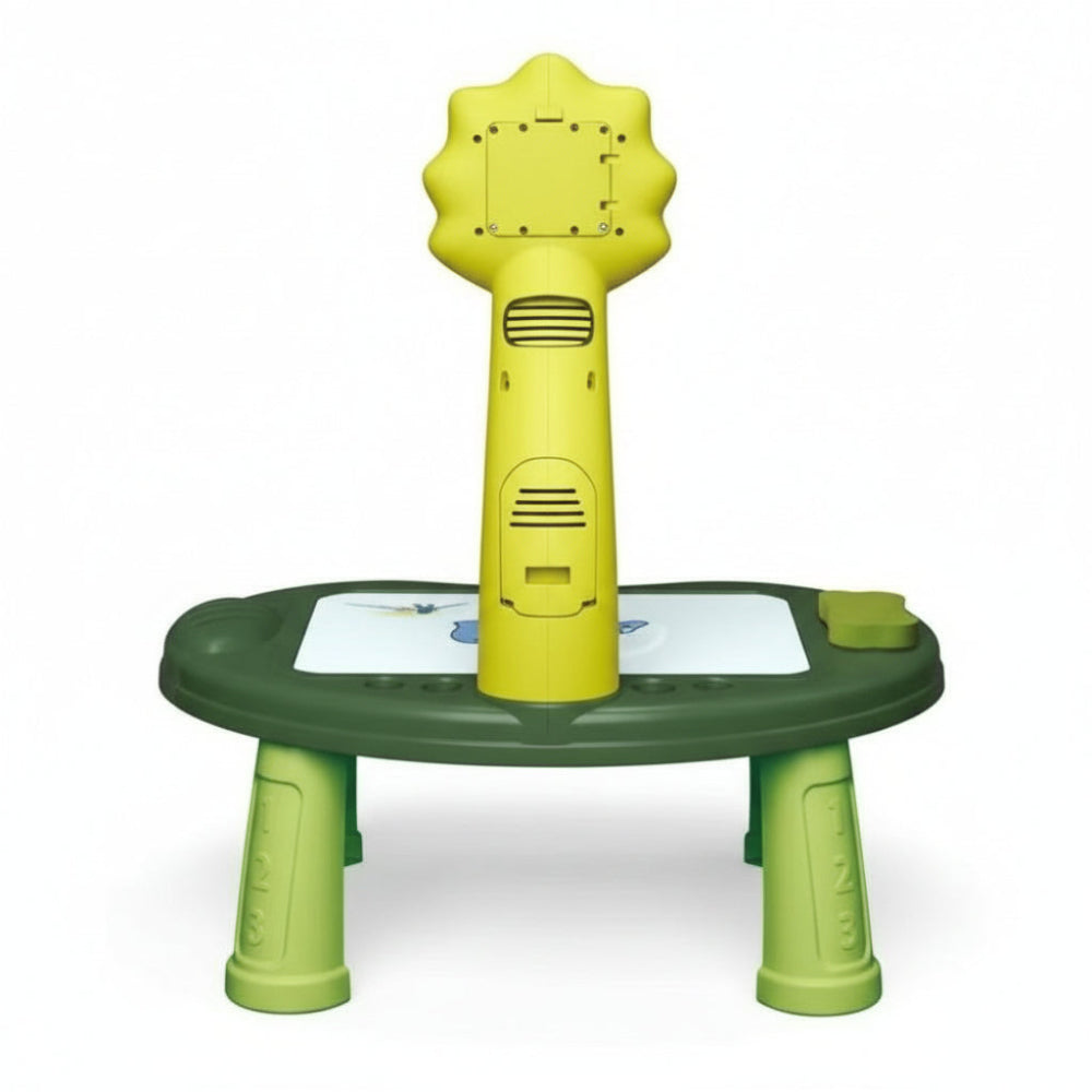 LED projector table shown flat showing board surface and dinosaur details