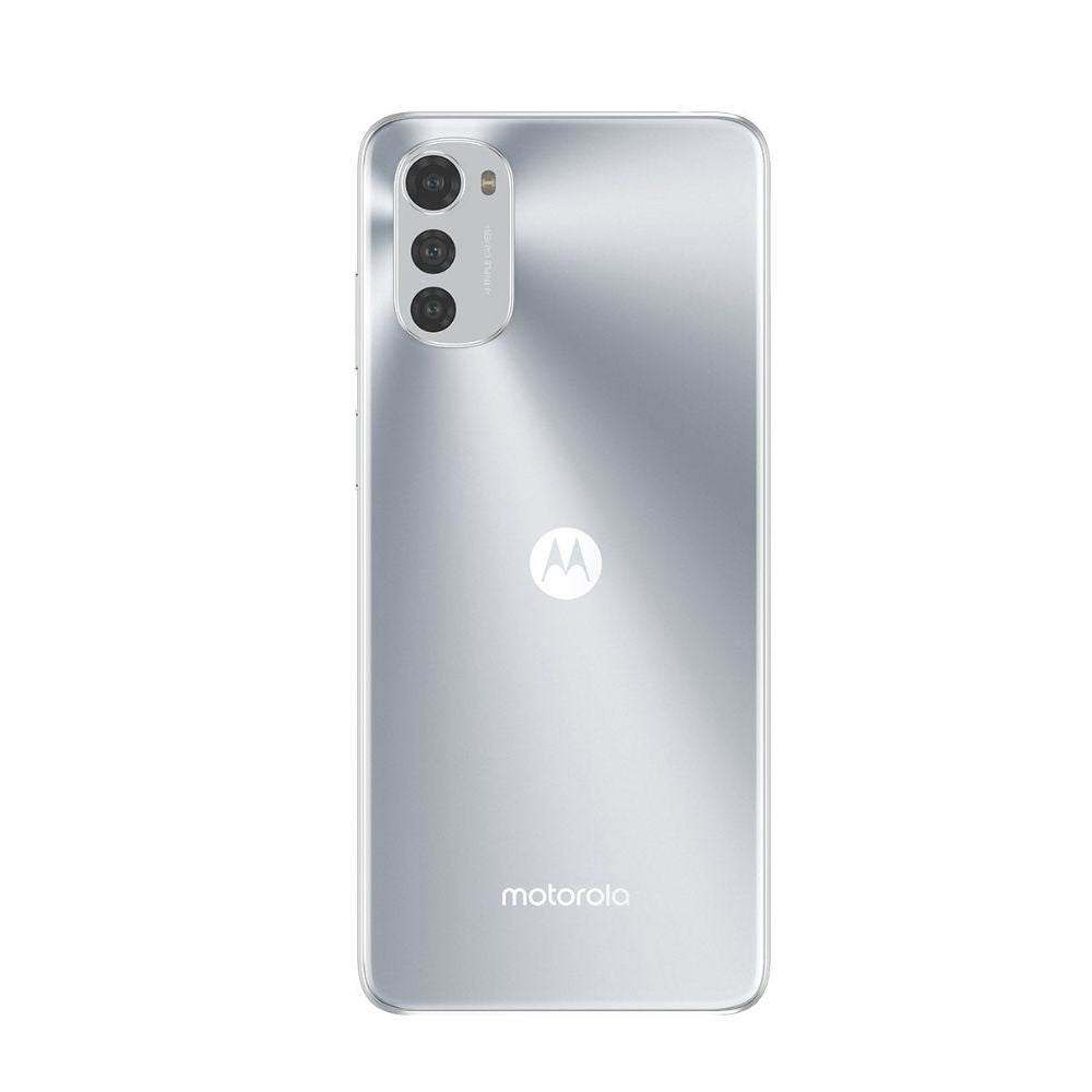 Motorola E32 misty silver from slight angle