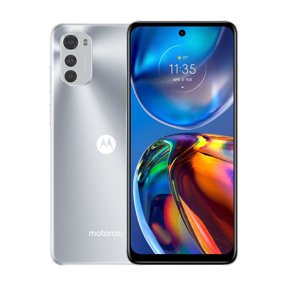 Motorola E32 misty silver phone front view