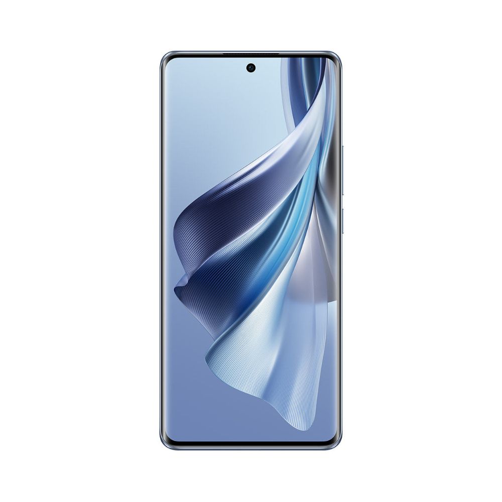 Ice blue OPPO Reno10 handset displayed showing screen and side profile