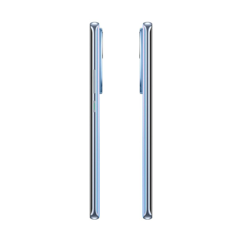 Ice blue OPPO Reno10 smartphone shown angled with sleek edges