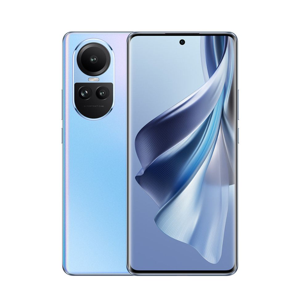 OPPO Reno10 ice blue smartphone with vibrant display visible