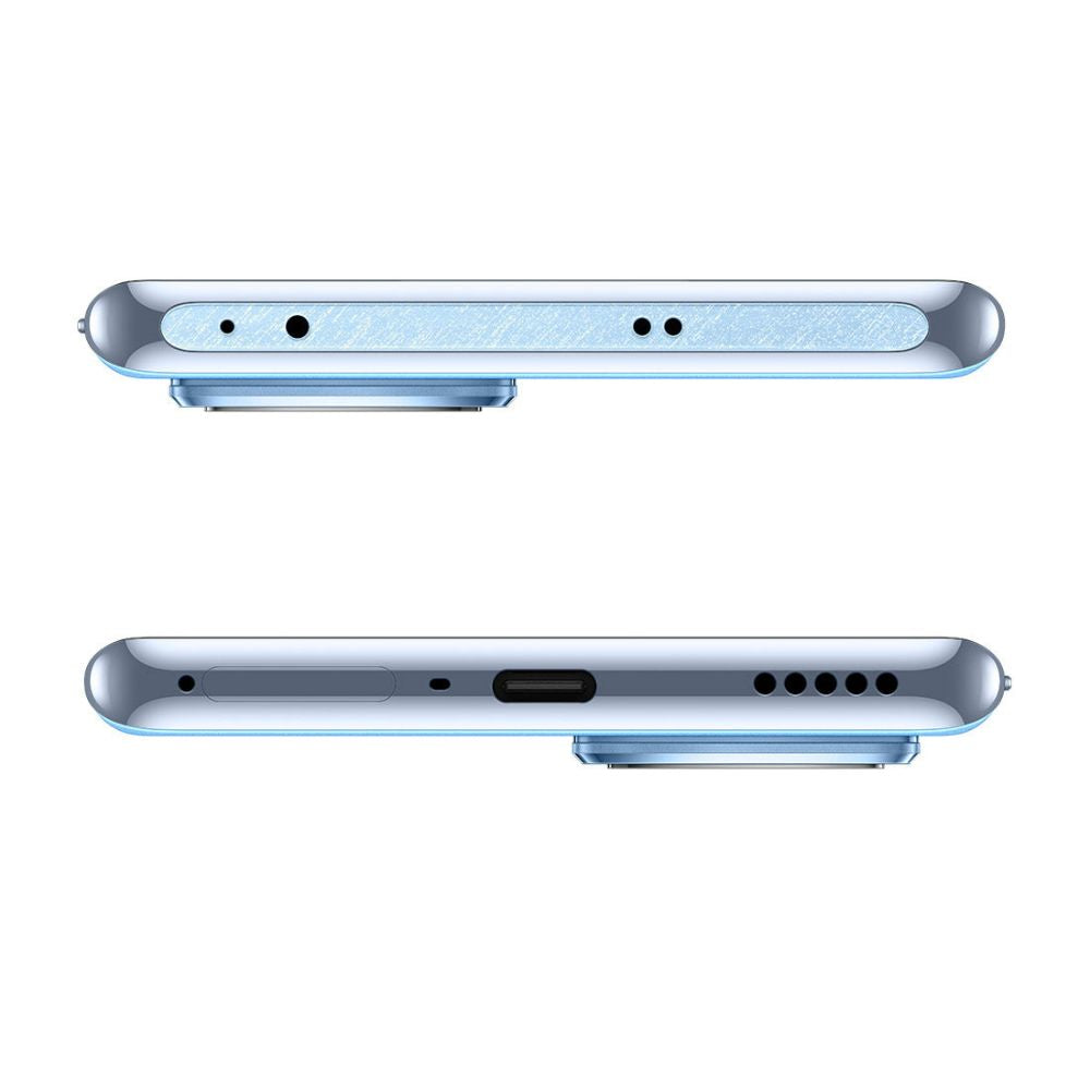 Ice blue OPPO Reno10 smartphone on neutral background front view