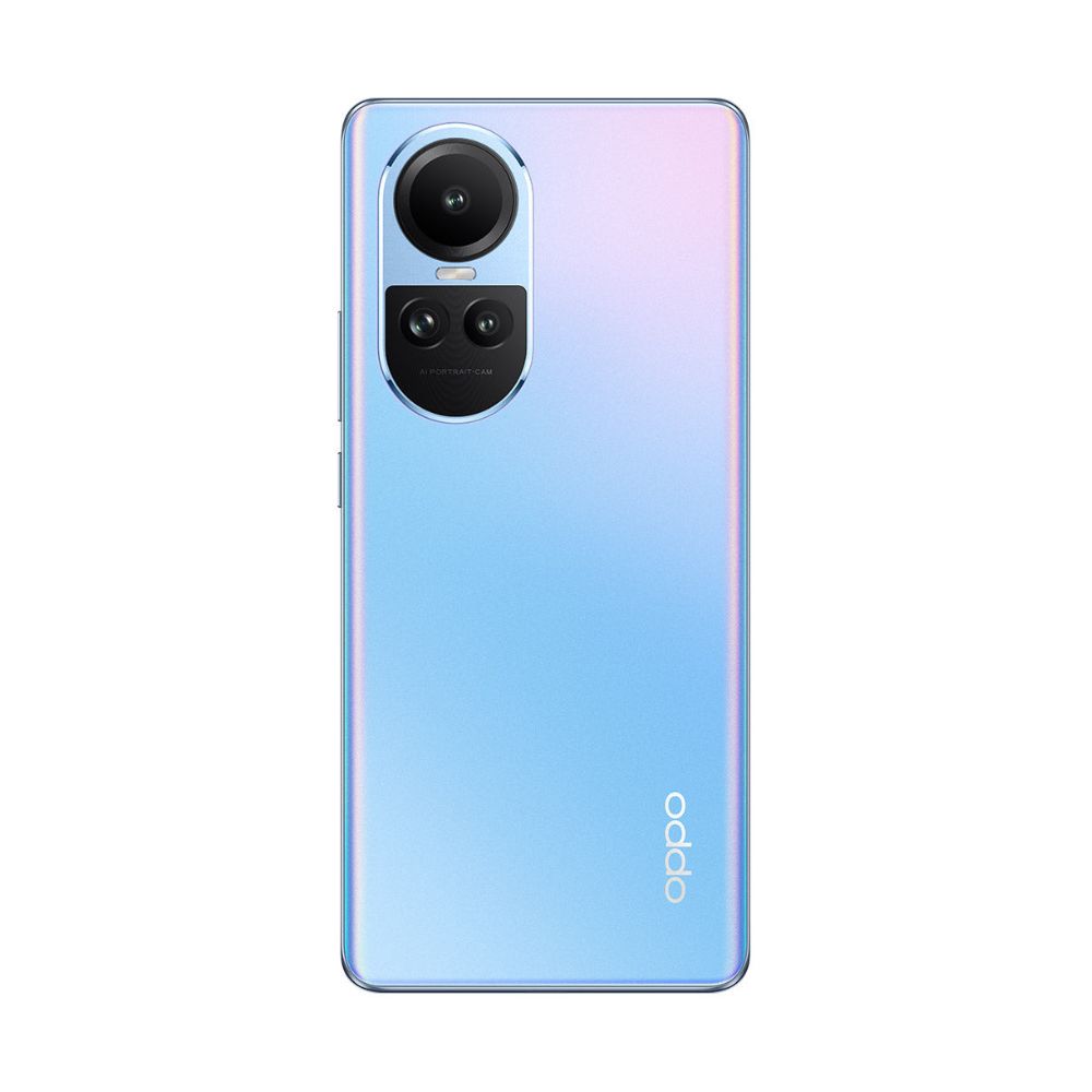 Ice blue OPPO Reno10 phone back view on light background