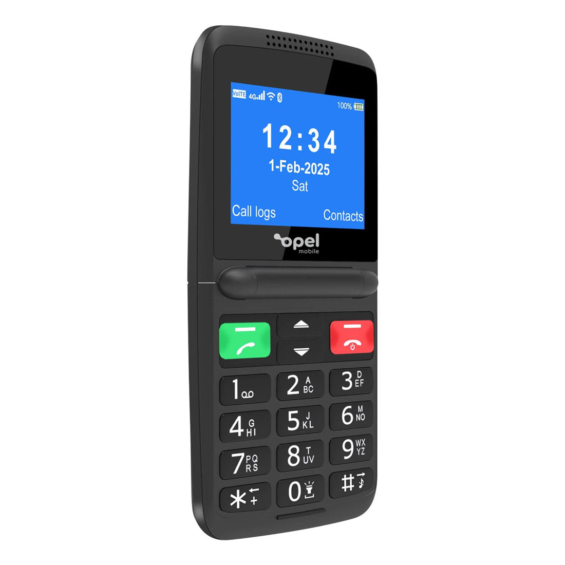 Side-angle of Opel Flip Fold 4G phone showing hinge and keypad