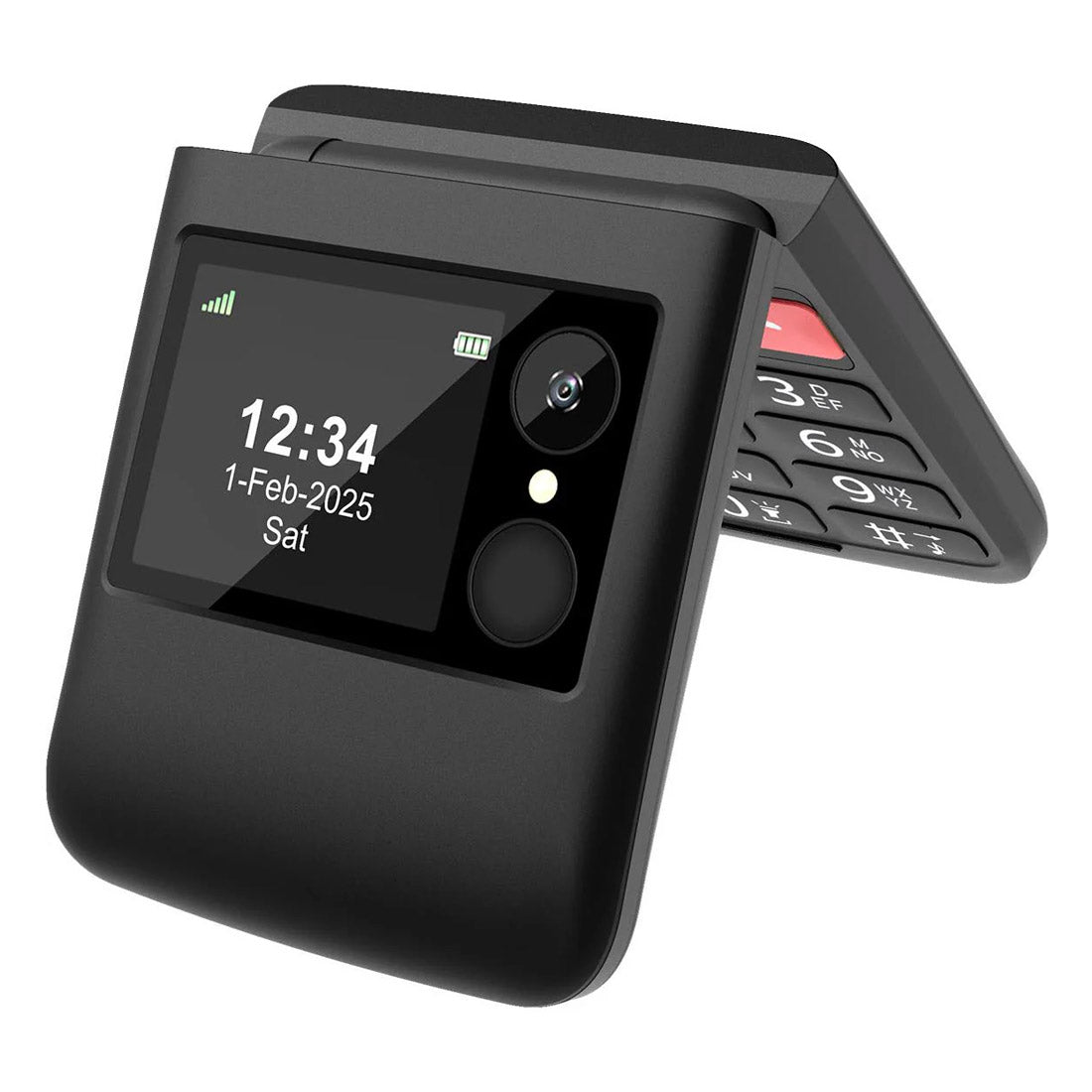 Side-angle of Opel Flip Fold 4G phone highlighting hinge and keypad