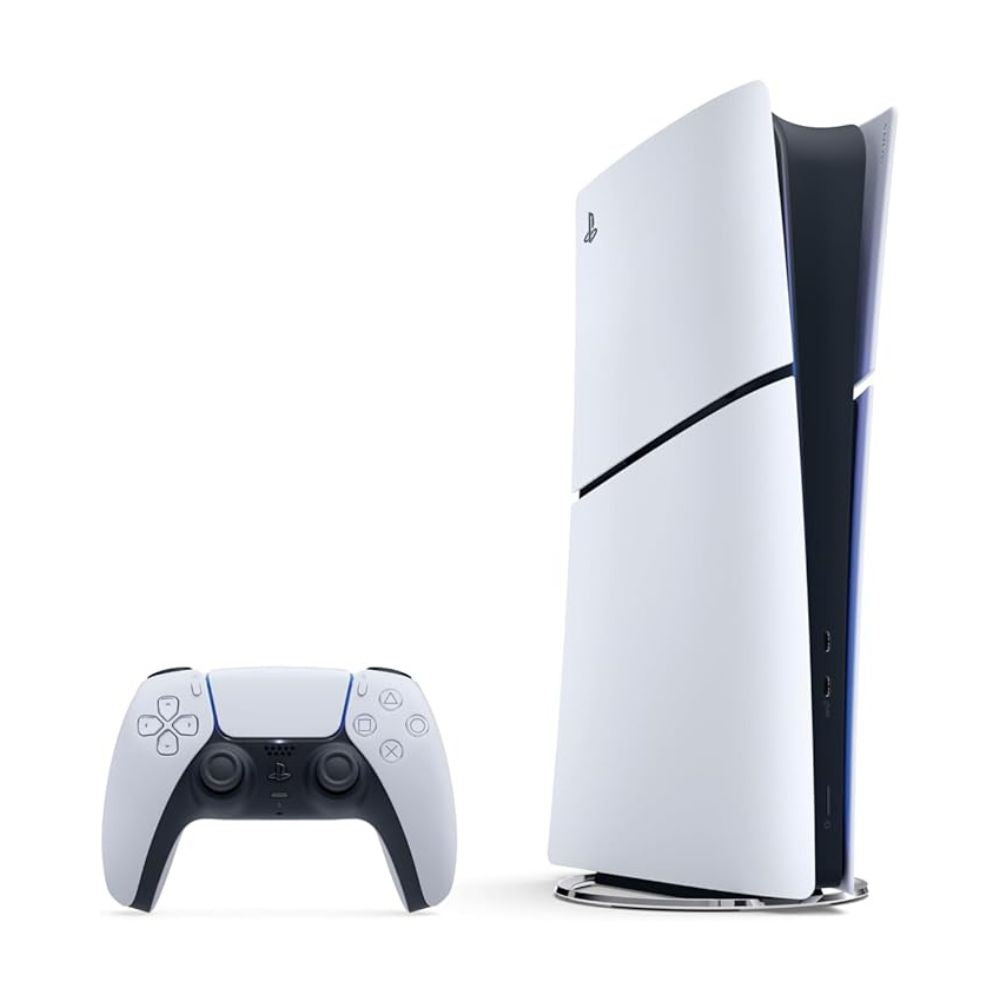 PS5 Digital Edition Slim console with DualSense controller, clean setup