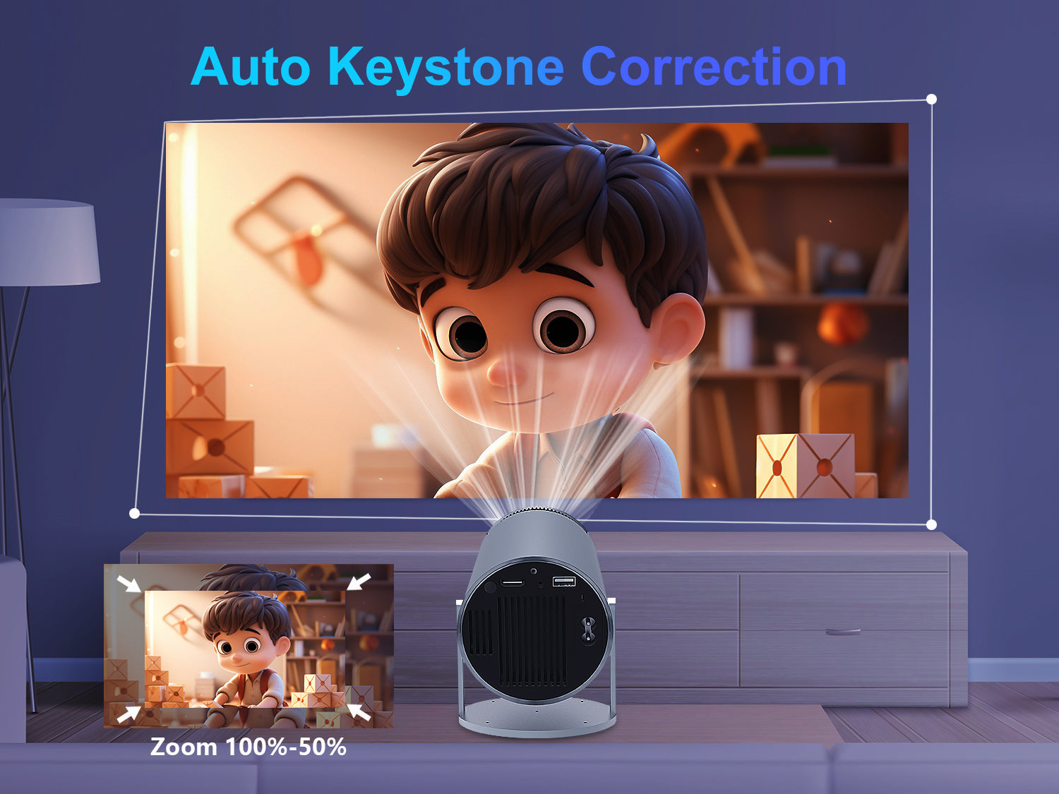 Projector displaying an animated character with Auto Keystone Correction feature on a screen.
