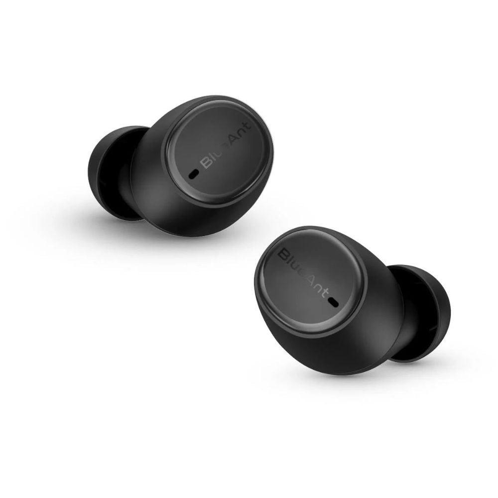 BlueAnt Pump Air Lite 2 black earbuds, close-up image