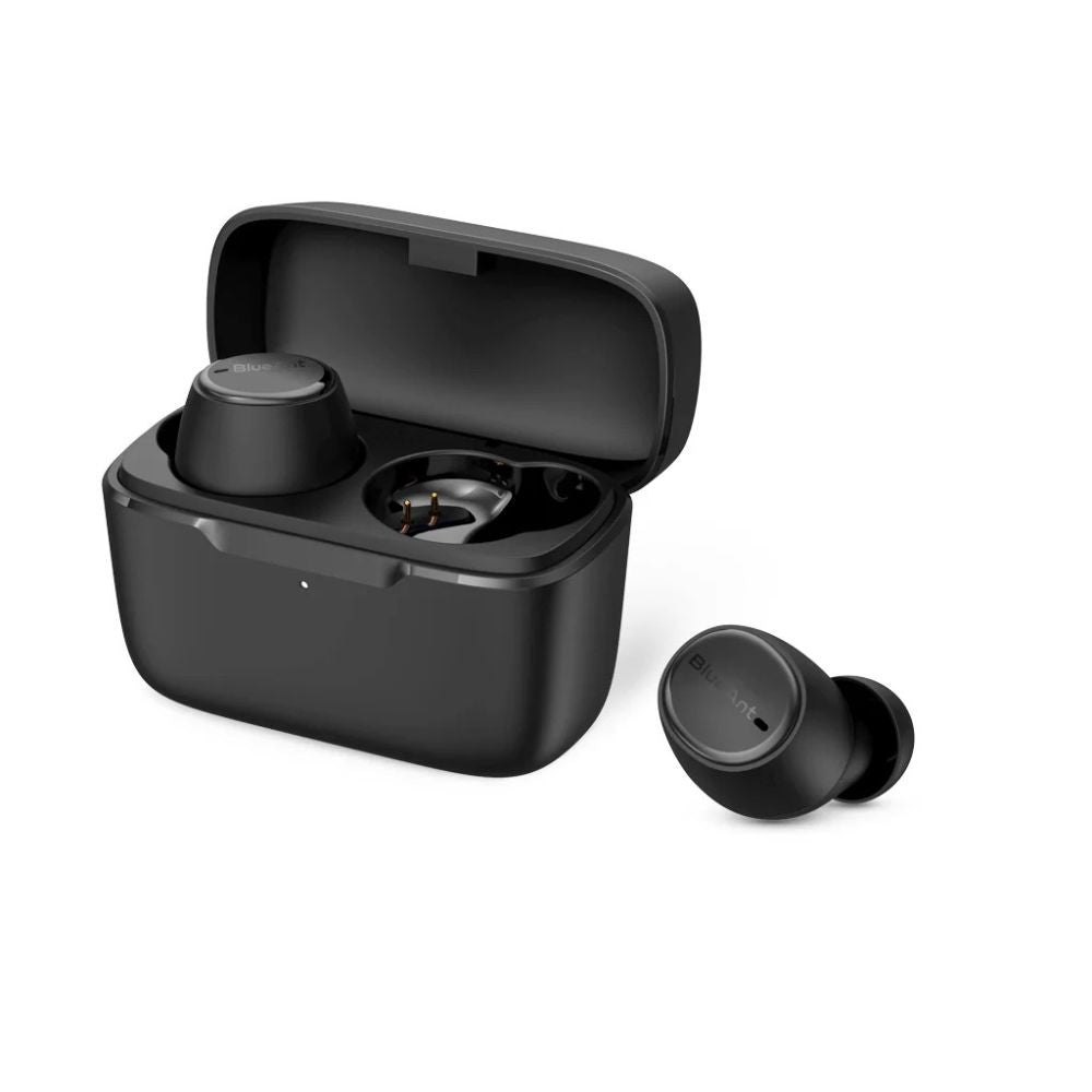 BlueAnt Pump Air Lite 2 earbuds in slate black, front view