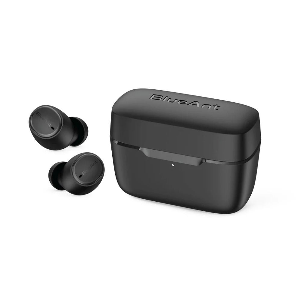 BlueAnt Pump Lite 2 black earbuds side-by-side with case