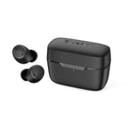 BlueAnt Pump Lite 2 black earbuds side-by-side with case