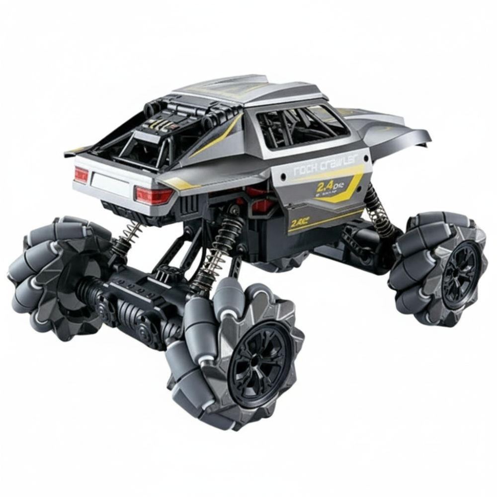 Side-angle view of RC car highlighting suspension and body build