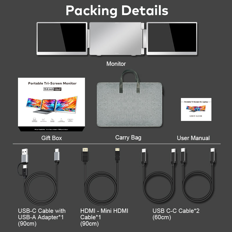 Trion 15.6-inch 360° trifold portable monitor 1080P IPS FHD Laptop Screen Extender - Grey (AU Version)