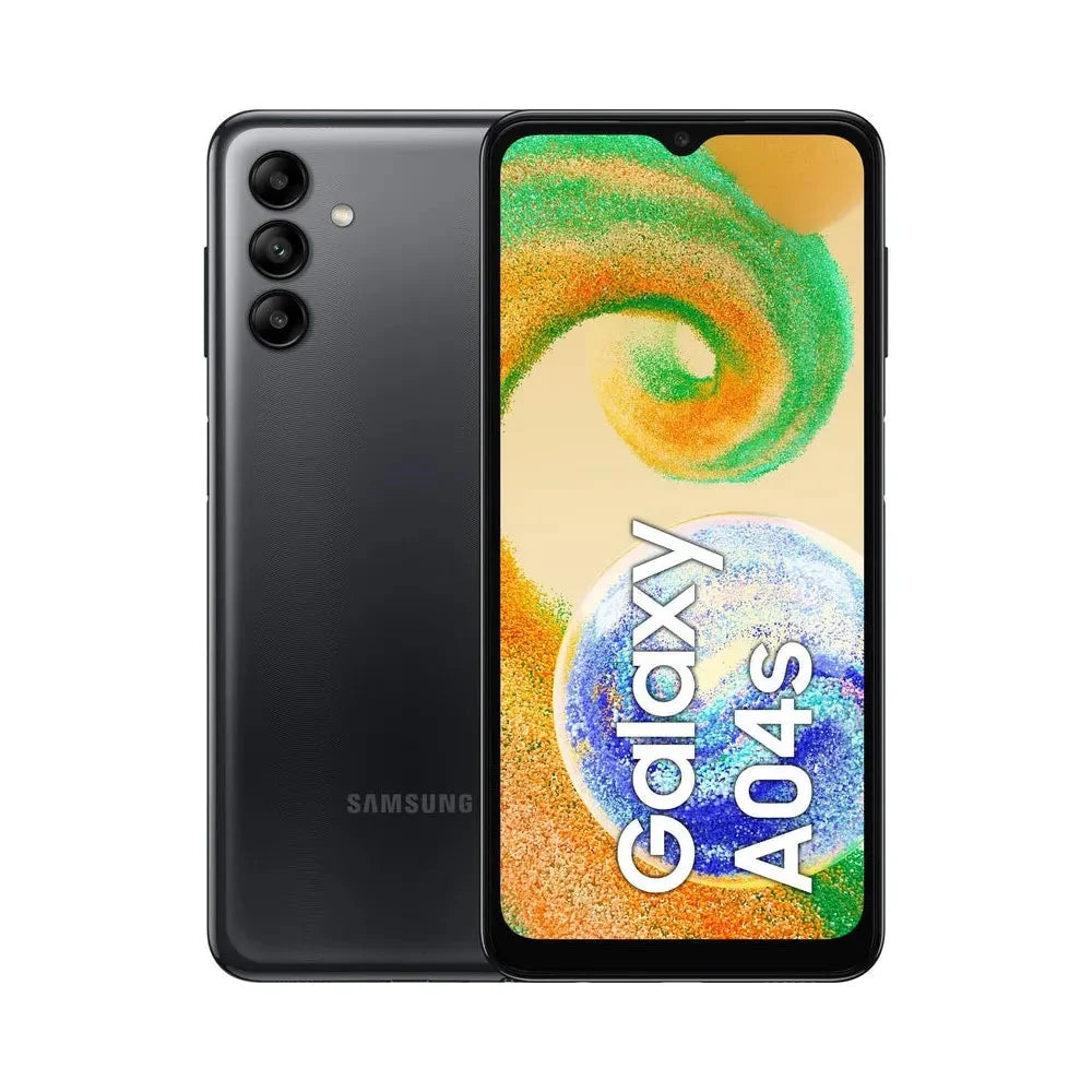 Black Samsung Galaxy A04s displayed front view showing full screen