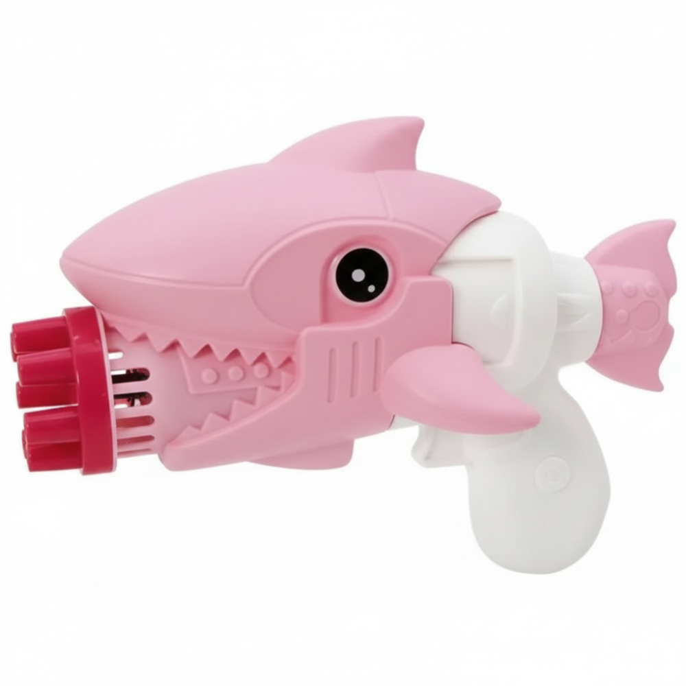 Shark bubble gun shown front view with bubbles released